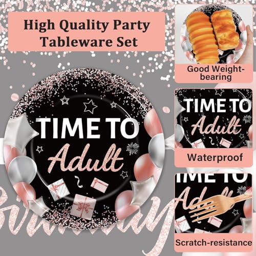 Image of gisgfim 96 Pcs 18th Birthday Plates and Napkins Party Supplies Rose Gold Black Time To Adult 18th Birthday Party Tableware Set 18 Years Old Birthday Decorations Favors Girls for 24 Guests