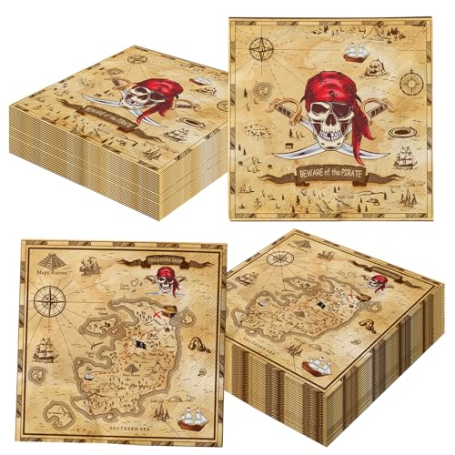 40Pcs World Map Napkin Pirate Party Decorations Vintage Travel Adventure Party Napkin Beware of the Pirate Theme Decoration Disposable Pirate Sailing Napkin for Pirate Birthday Baby Shower Party