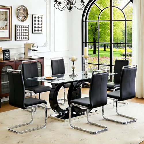 Ebullient Dining Table Set for 6 ，7 Piece Dining Table Set,Tempered Glass Tabletop，Modern Dinner Room Table with 6 PU Leather Ergonomic Chairs