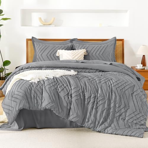 Image of Litanika Queen Size Comforter Set with Sheets Medium Gray - 7 Pieces Bed in a Bag Queen Chevron Tufted Complete Bedding Sets with Comforter, Sheets, Pillowcases & Shams