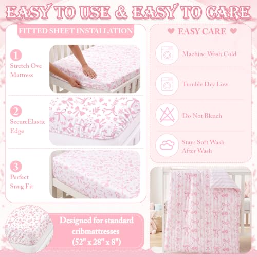 Image of Hahafelt 4 Pieces Crib Bedding Set for Girls and Boys, Soft Baby Bedding Set Including Crib Skirt, Comforter, Sheet and Diaper Stacker for Nursery(Pink Bow)