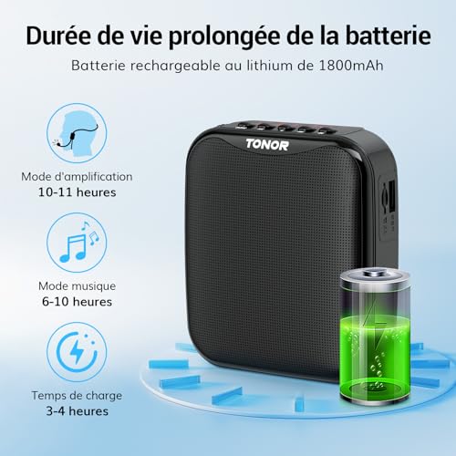 TONOR 15W Amplificateur Vocal Portable pour Enseignants, Microphone Sans Fil Bluetooth Rechargeable avec Casque Filaire pour Enseignement, Formation, Yoga, Discours, Réunion, Guides Touristiques K11 – Image 6