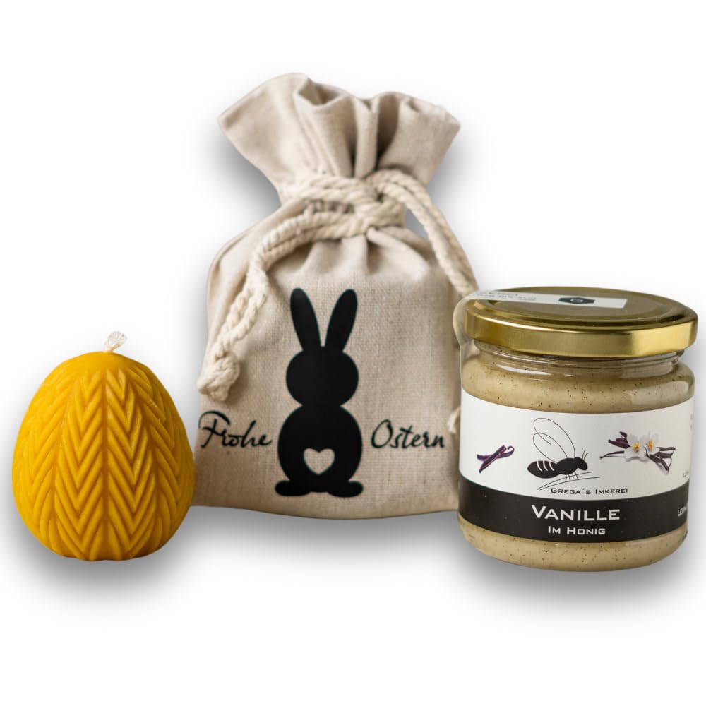 Gregas Imkerei Oster-Honig-Geschenkset – Ostersäckchen mit Hase, 250 g Honigglas deiner Wahl und Osterstern Bienenwachskerze – perfektes Mitbringsel & Geschenk für Ostern. (Vanille im Honig 250 g)