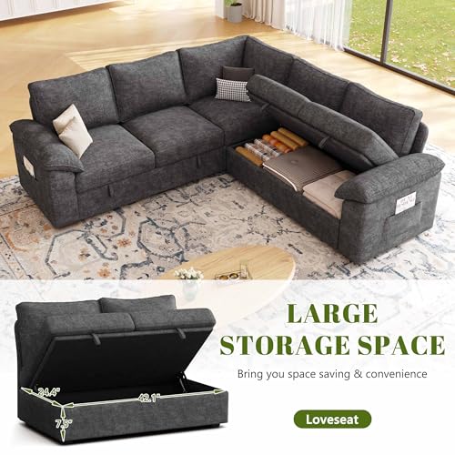 Image of 85 Inch Modular Sectional Sofa with Pull Out Bed,L Shaped 5 Seat Sectional Sleeper Sofa with Storage,Sectional Couches for Living Room,Cloud Modular Couch,Removable Sofa Cover, Dark Grey