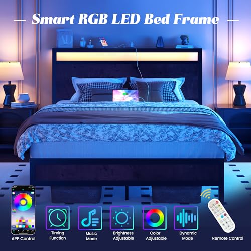 Image of Fluest Full Bed Frame with Headboard & Footboard, Full Bed Frame with Built-in Charging Station & LED Light, Storage Shelf, Noise-Free, No Box Spring Needed, Easy Assembly, Coffee Brown