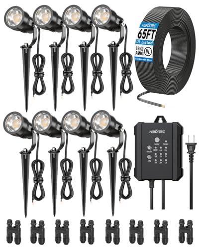 HIBOITEC 8-in-1 5W Gartenbeleuchtung mit 65W Transformator, 20M Kabel & 8 Verbinder für Flexible Leuchtenabstände, Fotozelle Sensor Gartenlampen...