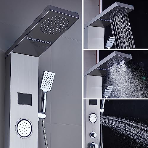 Image of ELLO&ALLO Shower Panel System Tower, LED Rainfall and Mist Head Rain Massage Stainless Steel Bathroom Fixtures with LED Body Jets, Brushed Nickel