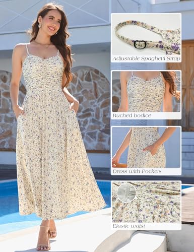 Image of Annebouti Women 2026 Summer Spring Ruched Maxi Dress Adjustable Spaghetti Strap Floral Beach Long Sundress with Pockets