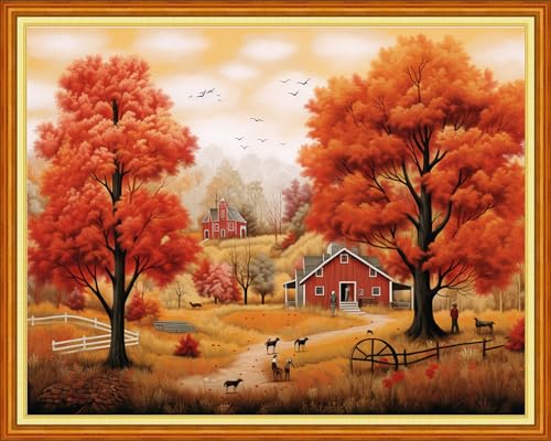 Image of DMCVIVR Stamped Cross Stitch Kits for Beginners Adults Needlepoint Kits for Beginners Embroidery Kits for Adults Crossstitch Kit for Beginners 11CT-Autumnal Scenery 16x20 inch