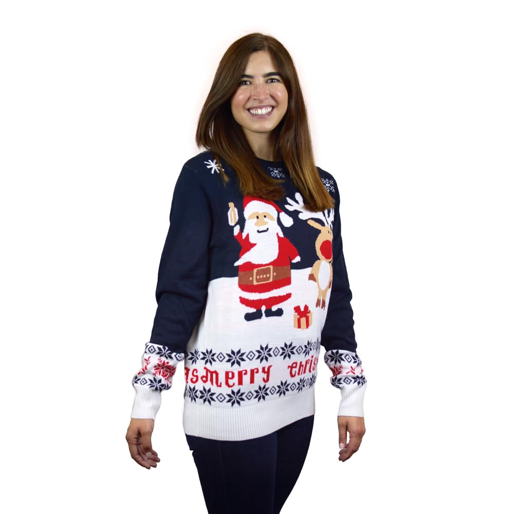 Jersey Navideño para Mujer, Hombre y Niños Azul Papá Noel y Reno Rudolph