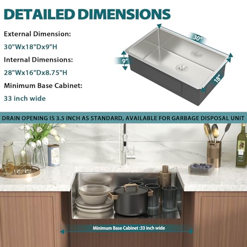 Shinmou Undermount Kitchen Sink 30x18x9 Inch Deep Single Bowl 18 Gauge Stainless Steel Under Counter Sinks Basin With Drain Strainer by shinmou - Image 4