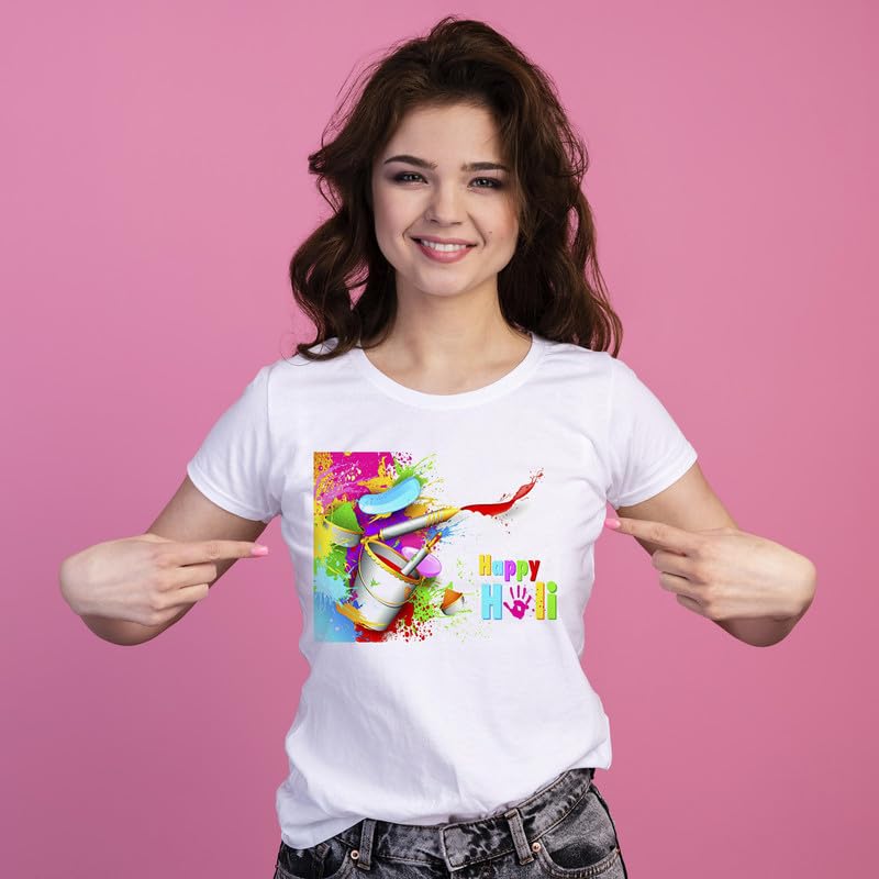 Image of Knitted Polycotton Fabric Regular Fit Girl Women Half Sleeve T-Shirt for Festival of Holi Style 17 White Size : Free
