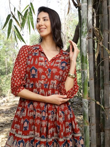 Image of Stylum Women's Rust Ethnic Printed Cotton Flared Dress
