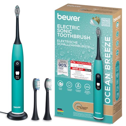 Beurer SC 50 Schallzahnbürste, elektrische Zahnbürste mit 5 Putzmodi & Andrucksensor, 80.000 Schwingungen, Display mit Putzdauer-Anzeige, inkl. 2 Aufsteckbürsten (Ocean Breeze)