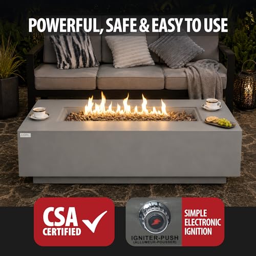 Image of AMS Creations | Madison 60 inch Rectangular Propane Gas Outdoor Fire Pit Table | Light Gray Concrete GFRC | Smooth Texture or Surface | Electronic Ignition | Outside Backyard Fireplace