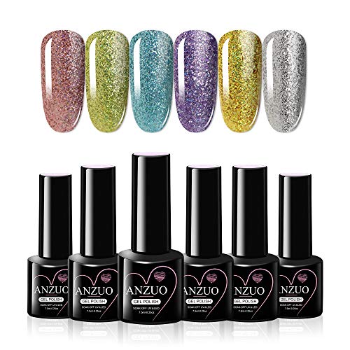 Gel Nail Polish Set, Glitter 6 Colors Gel Polish Kit Popular Nail Art Design Soak Off LED Lamp Nail Polish Gel Manicure Kit Gifts Set for Girls Women Professional DIY Home Use
