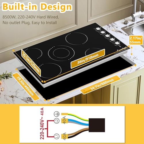 Image of 36 Inch Electric Cooktop, 5 Burner Built-In Ceramic Glass Cooktop with Knob Control, 9 Power Levels, Expandable Burner, 8500W, 220-240V Hardwired, Works with All Cookware
