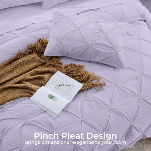 Image of Sasttie Queen Comforter Set, 7-Piece Bed in a Bag, Pintuck Bedding Sets for All Season, Includes Comforter, Flat Sheet, Fitted Sheet, Pillowcases and Pillowshams, Lavender