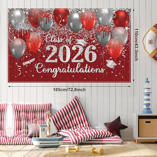Buryeah Red and Silver Graduation Decoration 2026, Congrats Grad Backdrop Banner with 60 Latex Balloons Class of 2026 Graduation Party Supplies for School Grad Party Balloon Arch Photo Prop Decor — view 4