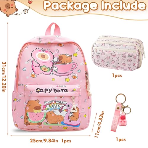 Miniatura 2 de Cygmrfh Capybara Backpack Kids, Mochila Escolar Schoolbag Gran Capacidad Rosa, Estuche De 9 Capas Estampado Rosa, Llaveros Pvc Portalápices, Regalo Ideal Para Niños Y Estudiantes
