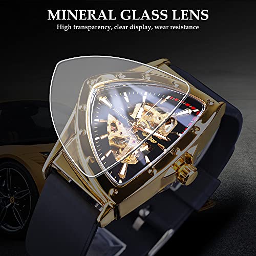 Image of FORSINING Silicone,Rubber Mens Winner Gold Skeleton Triangle Watch Man Automatic Wristwatch Luxury Military Mechanical Analog Watches Transparent Cover Outdoor Clock