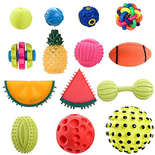 Pet Toys Dog Balls Toys for Large & Small Dogs 14 Pcs, Interactive Enrichment Dog Toys, Dog Chew Toys TPR Rubber Puppy Dog Chew Ball Durable Dog Squeaky Dog Balls Food Treat-Dispensing Toys