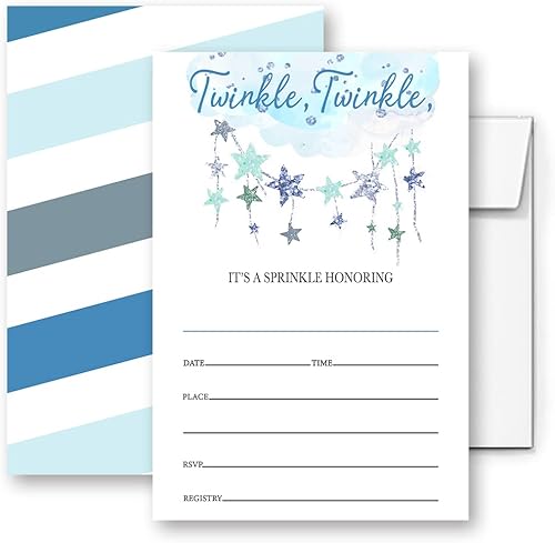 Twinkle Little Star - Invitaciones para baby shower, invitación azul para baby shower, fiesta de revelación de género del bebé (076)