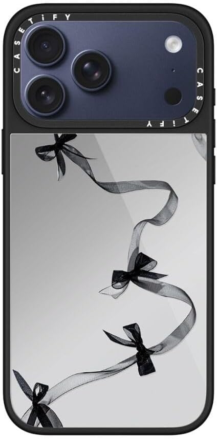 CASETiFY Metallic Glaze iPhone 17 Pro Max Case [Scratch-Resistant/Reflective/Glossy Finish / 4.9 ft. Drop Protection/Magsafe] - Black Organza Ribbons - Silver On Black