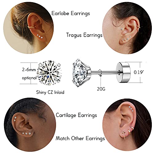 Cassieca 6 Pairs 20G Cartilage Earring Stud For Women Men 316L Surgical Steel Flat Back Earrings Set, 2Mm Round Cz Barbell Stud Earrings For Cartilage Tragus Helix Piercing Jewelry #TOP1