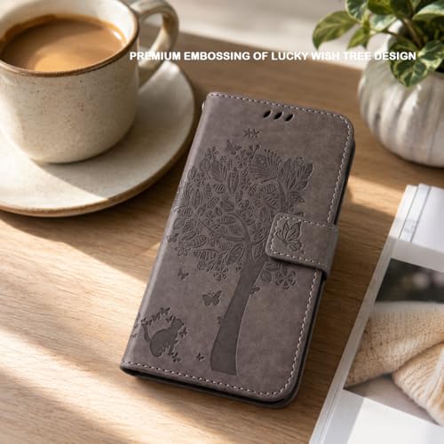 Image of TELETEL for Samsung Galaxy S25 Ultra Premium Vegan Leather Flip Cover | Card Cash Holder Wallet Case | Magnetic Closure (Grey Embossed Tree)