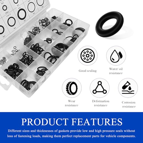 KVAEY 225 PCS Rubber O Ring Assortment Kit, O-Ring Sealing Repair Rubber Gasket Set, O-Ring Washers for Vehicle Repair Faucet Plumbing Air or Gas Connections, Car Accessories