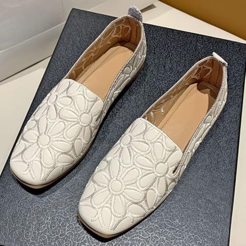 WENJIAZHIZHI Women's Floral Ballet Flats for Women Black Beige Square Toe Casual Walking Flats Shoes2