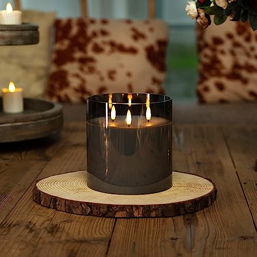 Image of Homemory 6X6'' Extra Large Flameless Candle with 3 Wicks, Glass LED Pillar Candle, Real Wax Battery Operated Candle with Remote Control and Timer, Grey