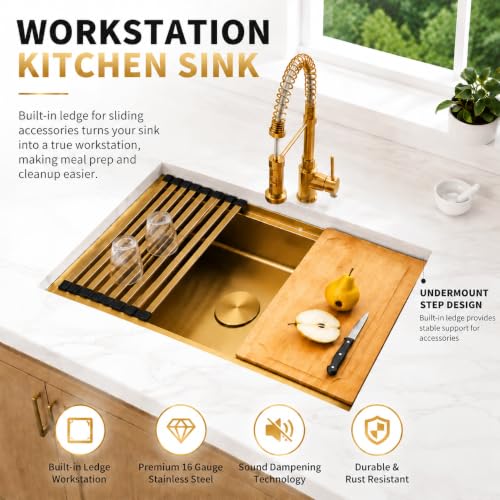 Image of Gold Undermount Kitchen Sink 32 Inch, 16 Guage Stainless Steel Workstation Sinks with Ledge & Accessories, 32 inch x 18 inch x 6 inch Single Bowl ADA-Compliant Large Sink, 6 Inch Depth Gold ADA Sink