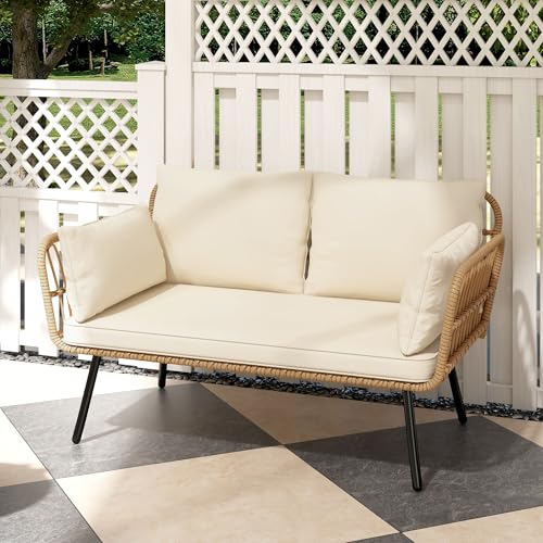 DWVO Wicker Patio Loveseat, All-Weather Rattan 2-Seat Sofa with Cushions & Lumbar Pillows, Outdoor Patio Furniture Set for Patio, Balcony, Backyard, Deck, Poolside (Beige)