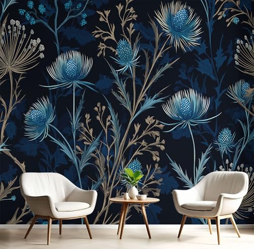 Papel Pintado 350x250cm Fotográfico Flor De Cardo Azul Papel de Pared XXL Jardín Oscuro Póster Gigante de Mural Decoración De Pared para Sala Cuarto Oficina Salón, Marina De Guerra
