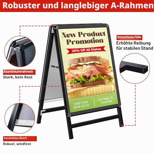 WIIGO Kundenstopper A1 – Doppelseitiger wetterfester Plakatständer, A-Rahmen Ständer Outdoor, Aufsteller für Werbung & Messen (A1, Schwarz)