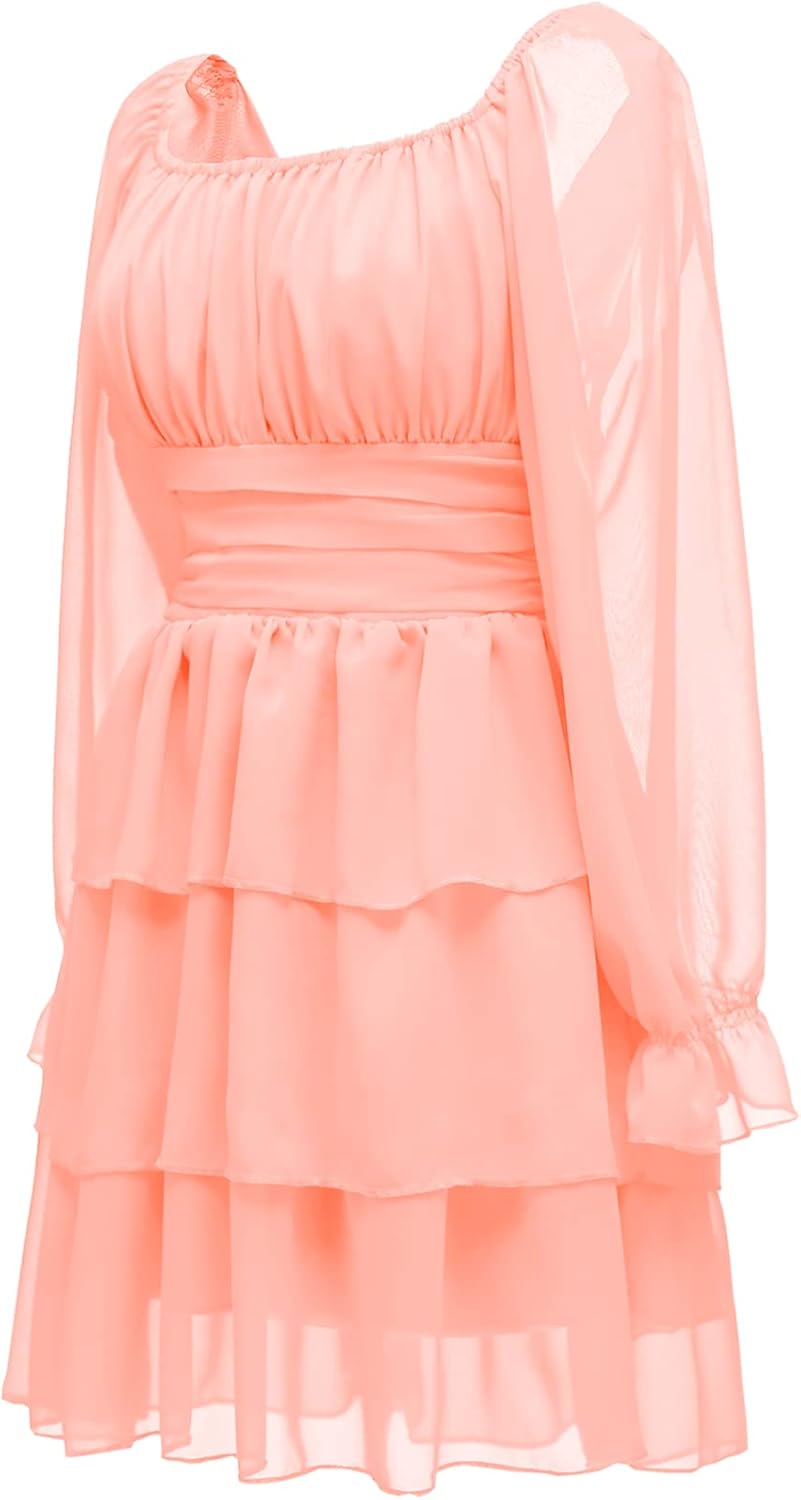 OBBUE Women's Summer Dress Tie Back Square Neck Aline Long Sleeve Layered Swing Mini Dresses - Image 5