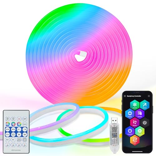 DBFAIRY Smart Neon Rope Light, 16.4Ft RGB Color Changing IC Neon Rope Lights with App Remote Music Sync, Silicone Waterproof Flexible DIY Rope Strip Lights for Living Room Gaming Party Outdoors Decor