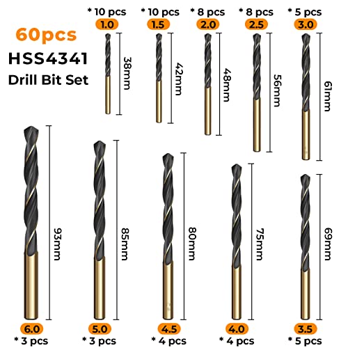 CYLBAQ 60PCS HSS Drill Bit Set, 1mm-6mm High Speed Steel Drill Bits for Metal, Wood, Steel, Alloy, Iron, Copper, Plastic, High Speed Steel 4341 Gold Titanium and Black Nitride drill bits sets mixed 2 CYLBAQ 60PCS HSS Drill Bit Set, 1mm-6mm High Speed Steel Drill Bits for Metal, Wood, Steel, Alloy, Iron, Copper, Plastic, High Speed Steel 4341 Gold Titanium and Black Nitride drill bits sets mixed - Image 2