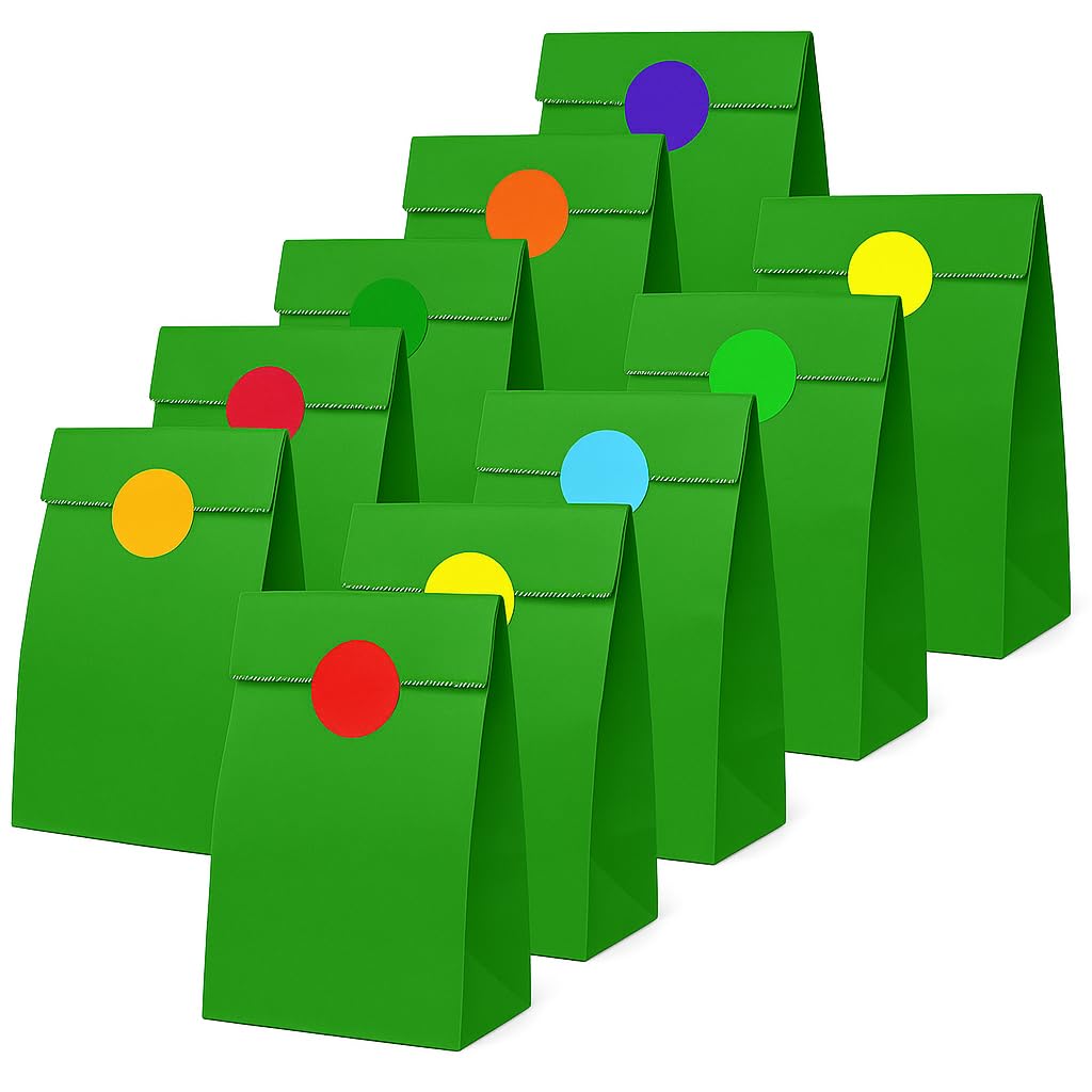 Thepaperbagstore 50 Green Paper Party Bags with Colour Dot Stickers