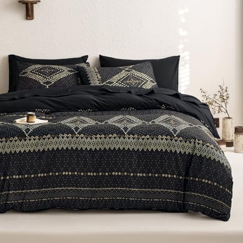 Image of Wake In Cloud - Boho Comforter Set, Farmhouse Bohemian Western Aztec Neutral Aesthetic, Soft Lightweight Bedding, 3 Pieces, Charcoal Black, King Size
