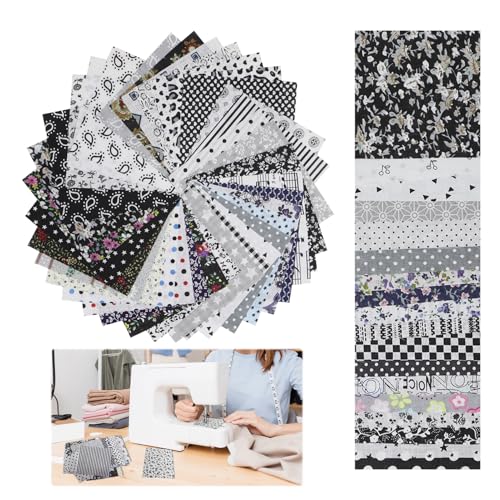 Plimbin - 50 Pcs DIY Fabric Bundles, 10 * 10cm Squares Assorted Pattern Cotton Quilting Supplies, Precut Quarter Bundle Fabric Patchwork Craft for DIY Scrapbook Floral Crafting Sewing (Gray-Black) (Gray Black)