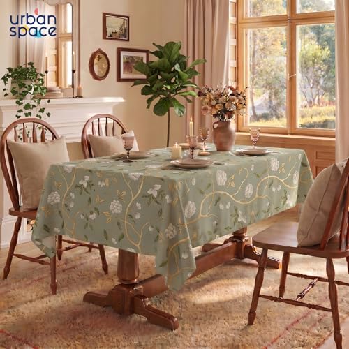 Image of Urban Space 100% Cotton Dining Table Cover for 6 Seater, Gold Foil Printed Cotton Table Cloth for Center Table, Dining Room Table Cover (Size 48 inch x 92 inch - 6 Seater, Zari Baagh Sage Green Gold)