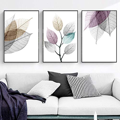 Hanpmy (Art Canvas) Scandinavian Abstract Transparent Leaves Paintings Leaf Poster Print Wall Picture for Living Room Kitchen Decor-(50X70cm) x3 Frameless