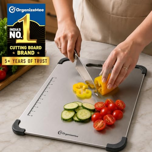 Image of Organizemee Steel Chopping Board Medium 31.8x21cm, Stainless Steel Cutting Board for Kitchen Use, Everyday Rust-Proof Chopping Board with Non-Skid Silicon Corner Pads for Vegetables and Fruit