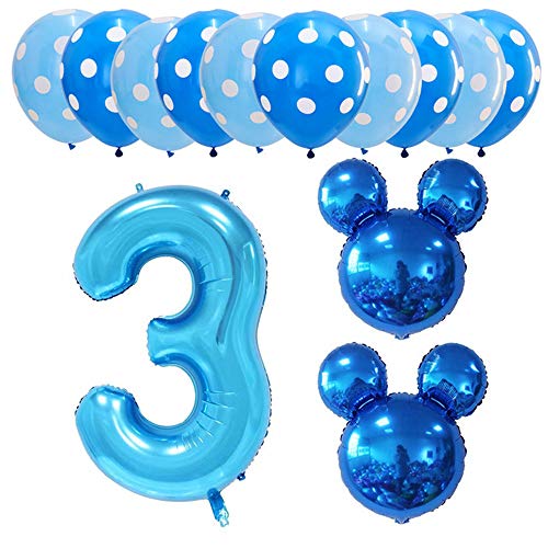 Hongkai Blue Mouse 3rd Birthday Boy Decoration Foil Balloons Set, 32" Blue Number 3 Mylar balloons Baby Three Year old Birthday Kids Happy Birthday Party Supplies