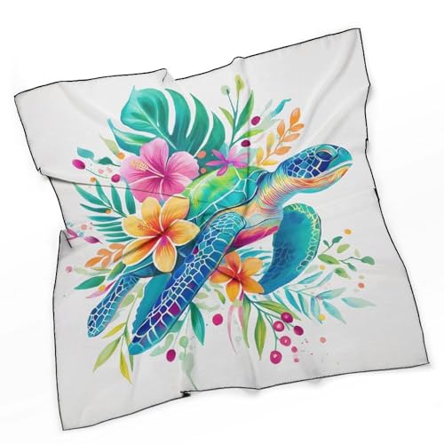 Sea Turtle Swimming Tropical Flowers Hibiscus Women Hair Scarf Square Silk Like Head Scarves Handkerchief Satin Neck Scarf3