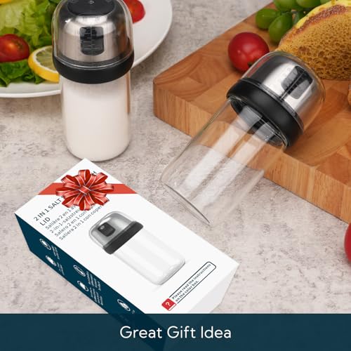 Image of KTCHENDAO 2 in 1 Glass Salt Shaker with Side Pour Spout, Built-in Lid to Slow Down Dampness with Mearsuring Marks, Elegant Borosilicate Glass Salt Dispenser for Kitchen,BPA Free,4oz (Black)