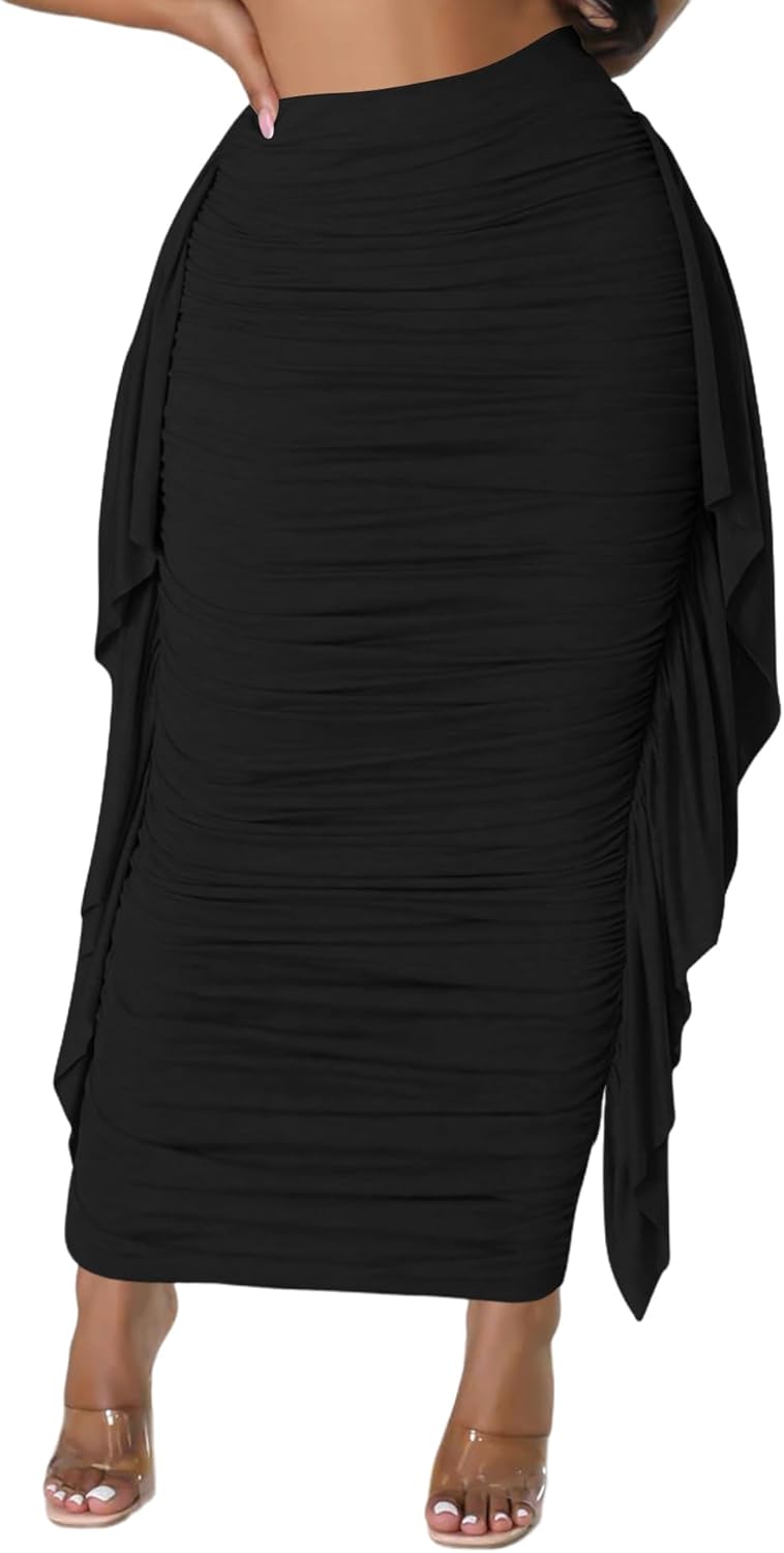 Lrady Women High Waist Ruched Bodycon Side Ruffle Tassles Fringe Pencil Casual Party Maxi Long Skirt